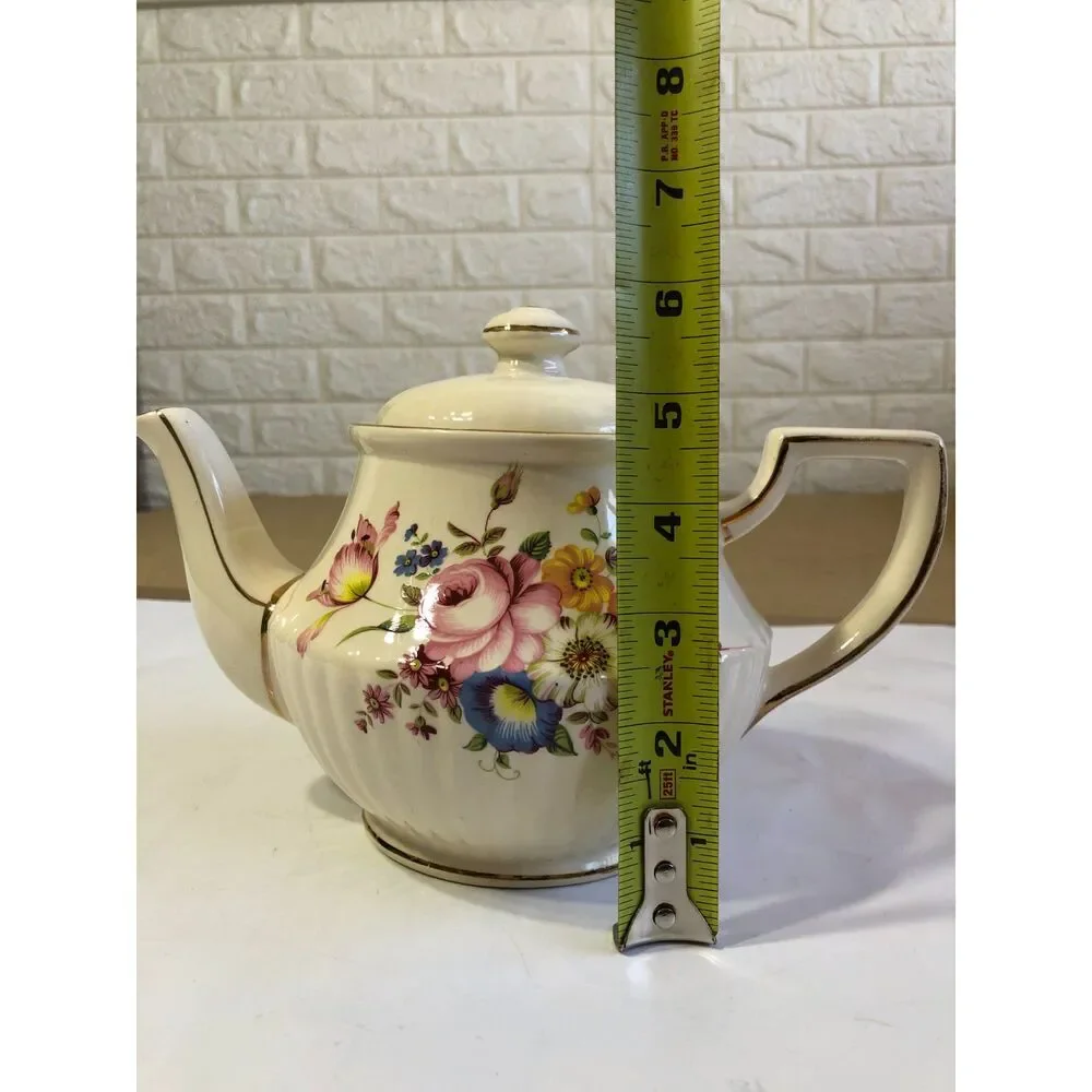 Vtg 50s Sadler England Ribbed Teapot Cream Floral Bouquet Gold Trim MCM #3771 6